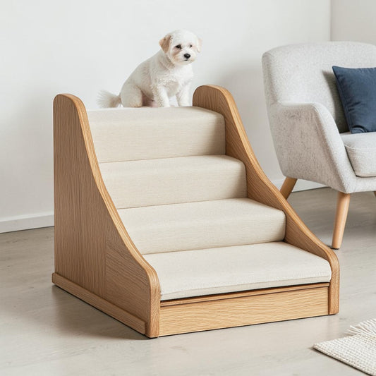 Hikon 2-in-1 Convertible Dog Stairs and Ramp - Solid Wood Foldable Pet Steps - Transforms Easily - For Small to Medium Dogs & Senior Pets - Cream/Natural