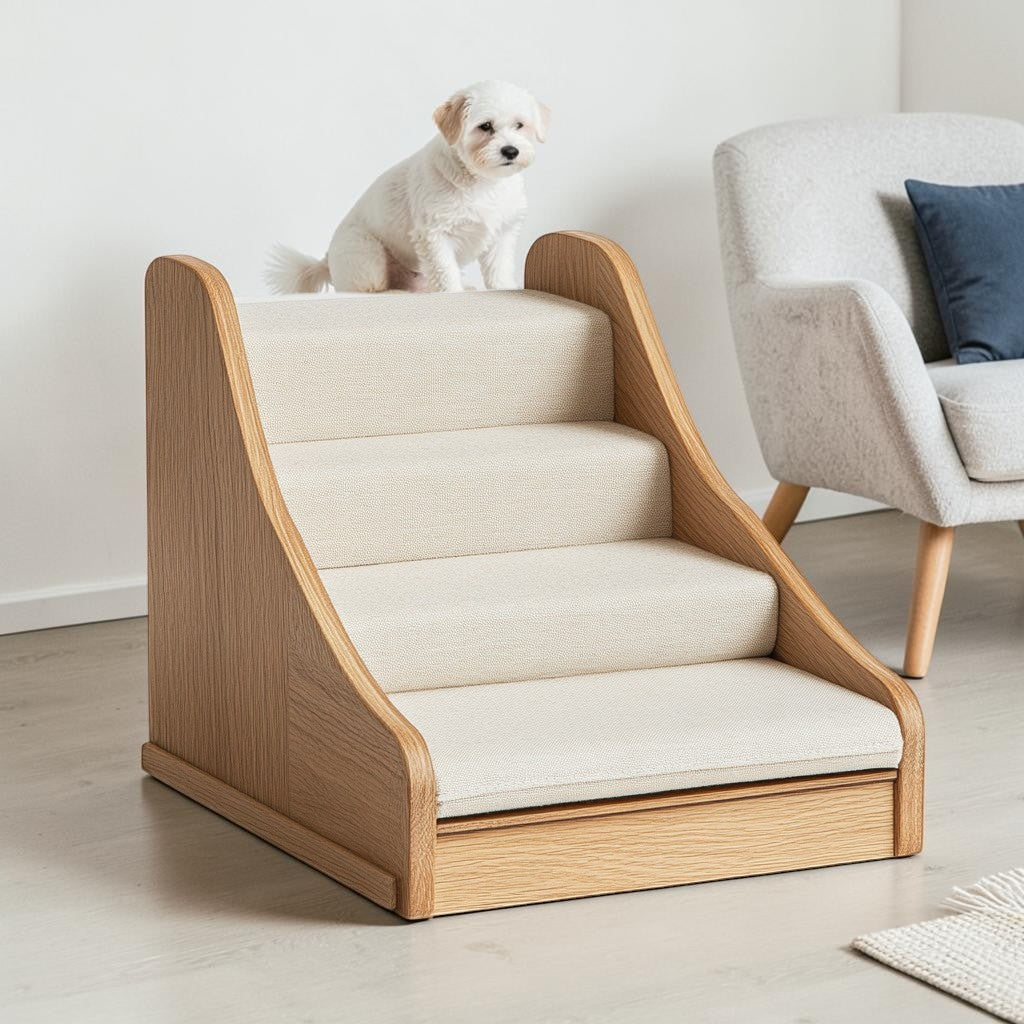 Hikon 2-in-1 Convertible Dog Stairs and Ramp - Solid Wood Foldable Pet Steps - Transforms Easily - For Small to Medium Dogs & Senior Pets - Cream/Natural